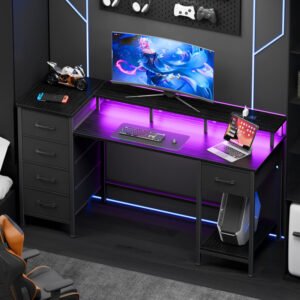 Computer Desk with Monitor Stand & Charging Station, Gaming Desk with LED Lights & Drawers